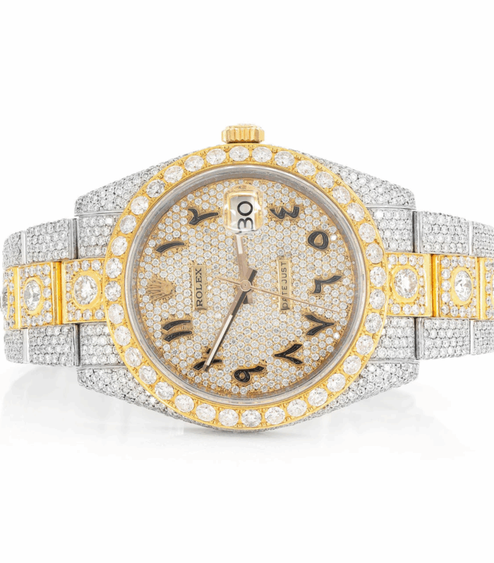 Rolex Moissanite – Rolex Arabic Dial with custom bracelet in two tone Yellow Gold and white